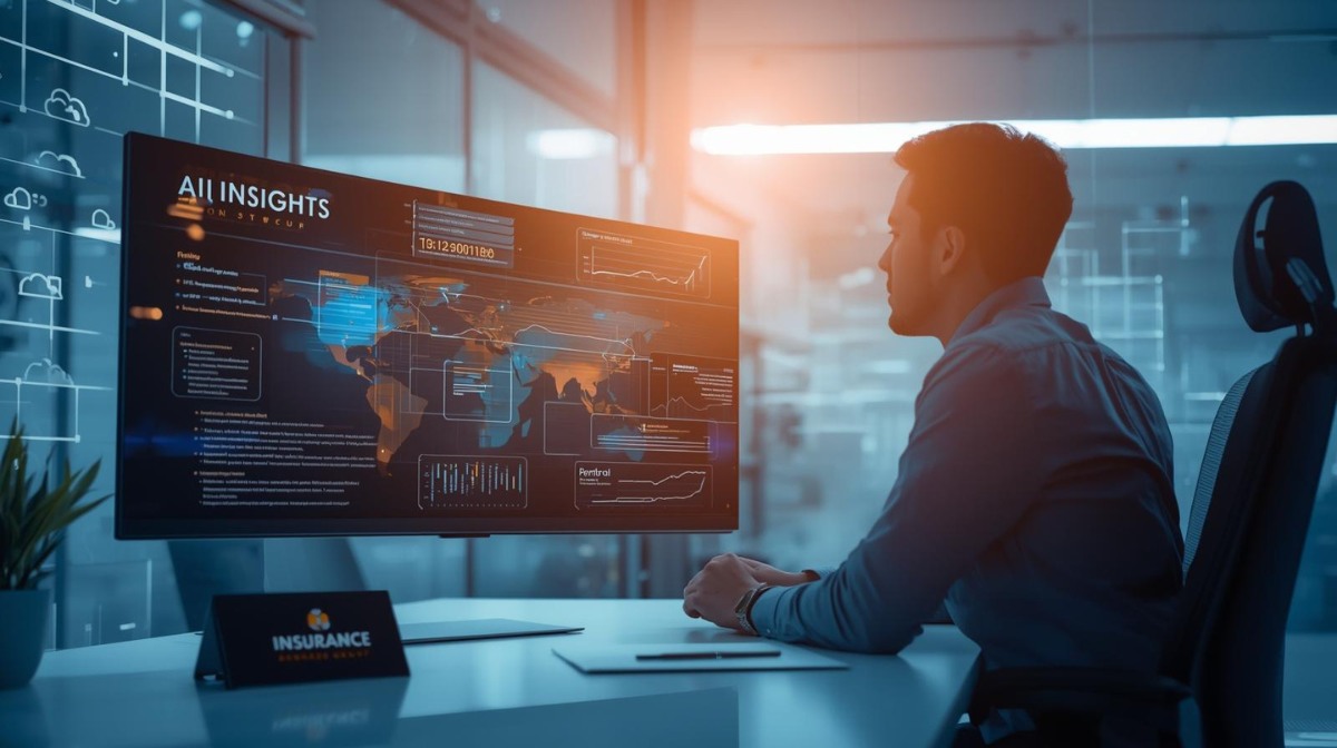 Insurance AI Insights – Insurance Brokers Group Man analyzing data on large screen in office.